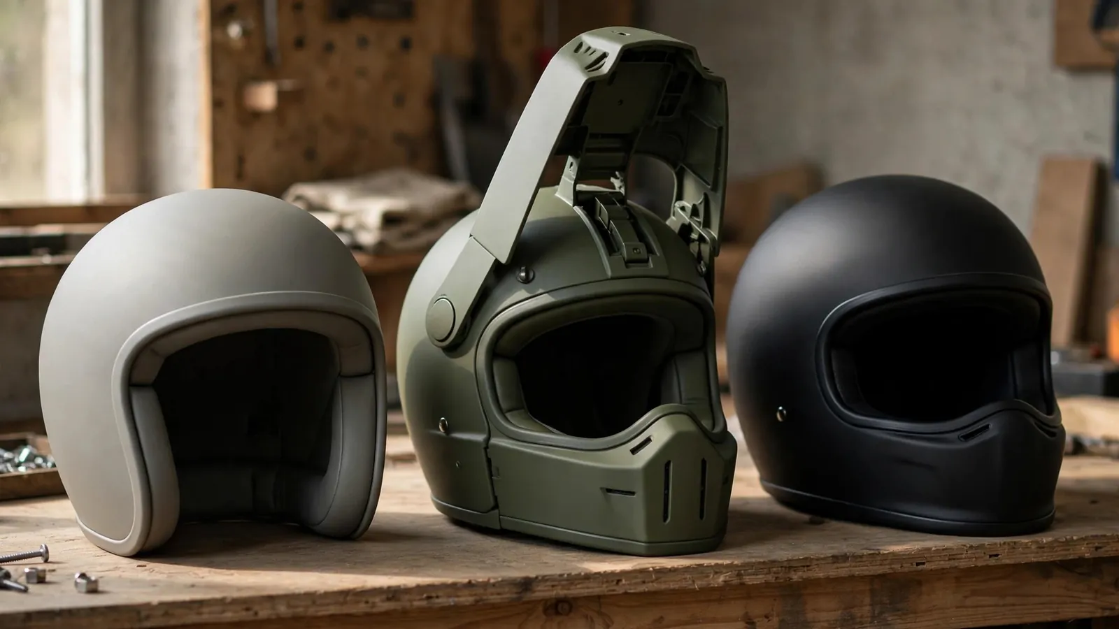 Trois casques moto sans marque sur un établi d'atelier : un jet, un modulable mentonnière relevée et un intégral.
