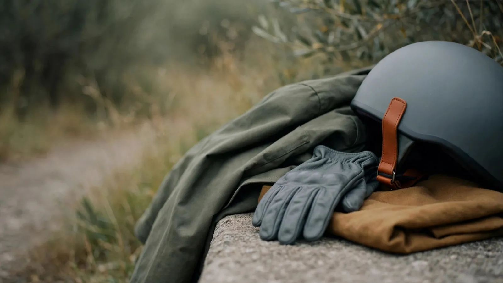 Gants moto en cuir à coques d'articulations posés sur un blouson, un casque à côté, au bord d'un chemin d'automne.