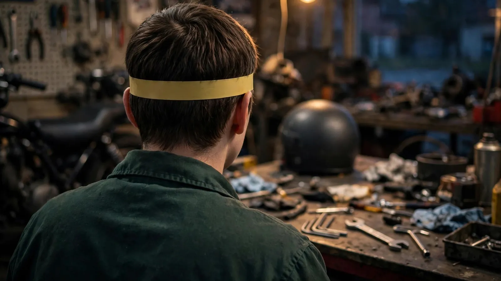 Un motard vu de dos, une bande jaune autour de la tête pour en prendre la mesure, dans un atelier moto le soir, un casque posé sur l'établi.